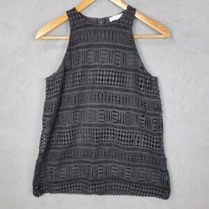 Vince Tank Top Women's 2 Black Geo Crochet Lace Lined Back Zip Cotton Round Neck
